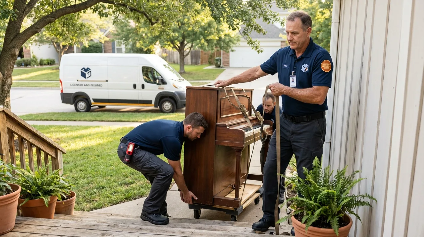Licensed piano movers securing grand piano in Pawnee, OK