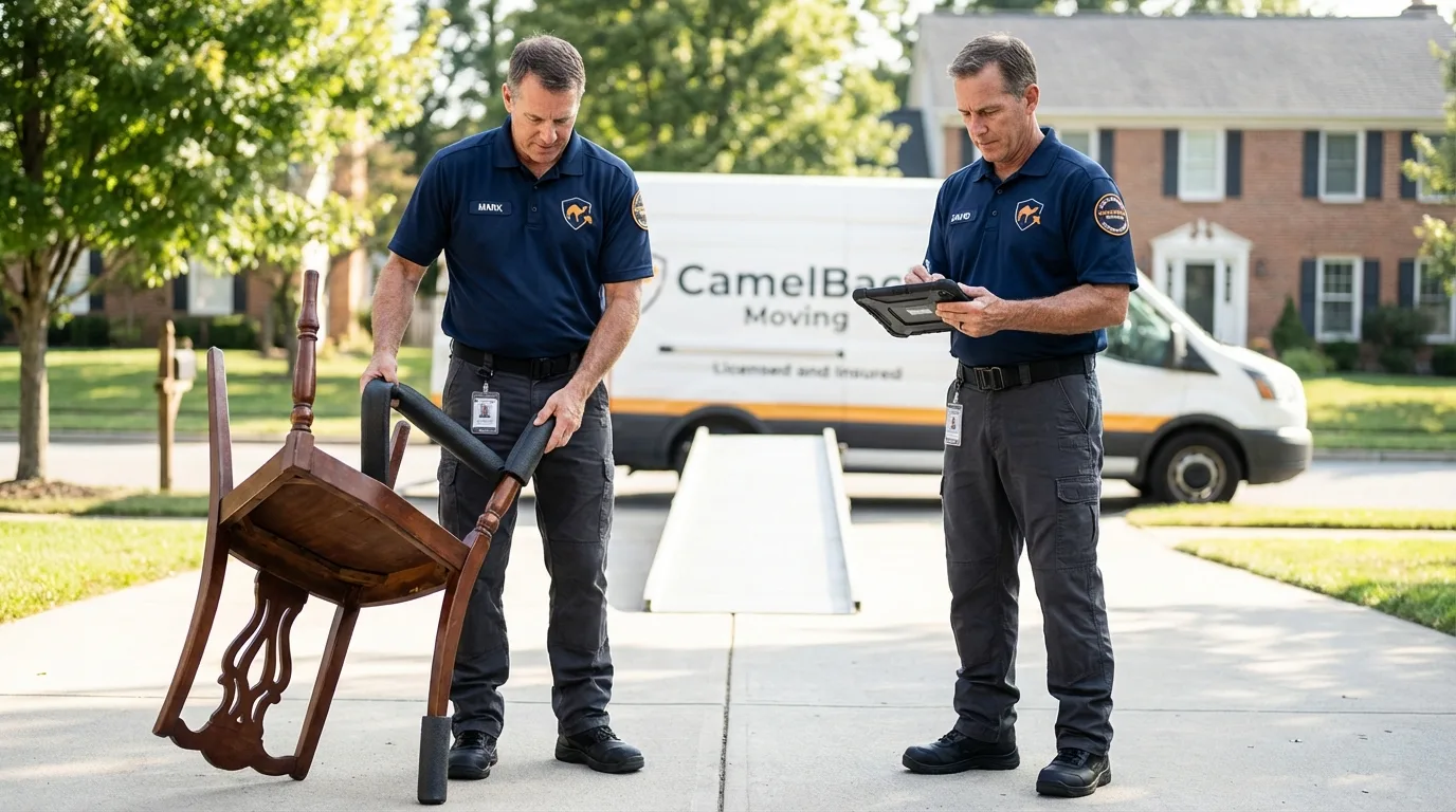 Movers inspecting furniture for damage prevention before loading in Pawnee, OK
