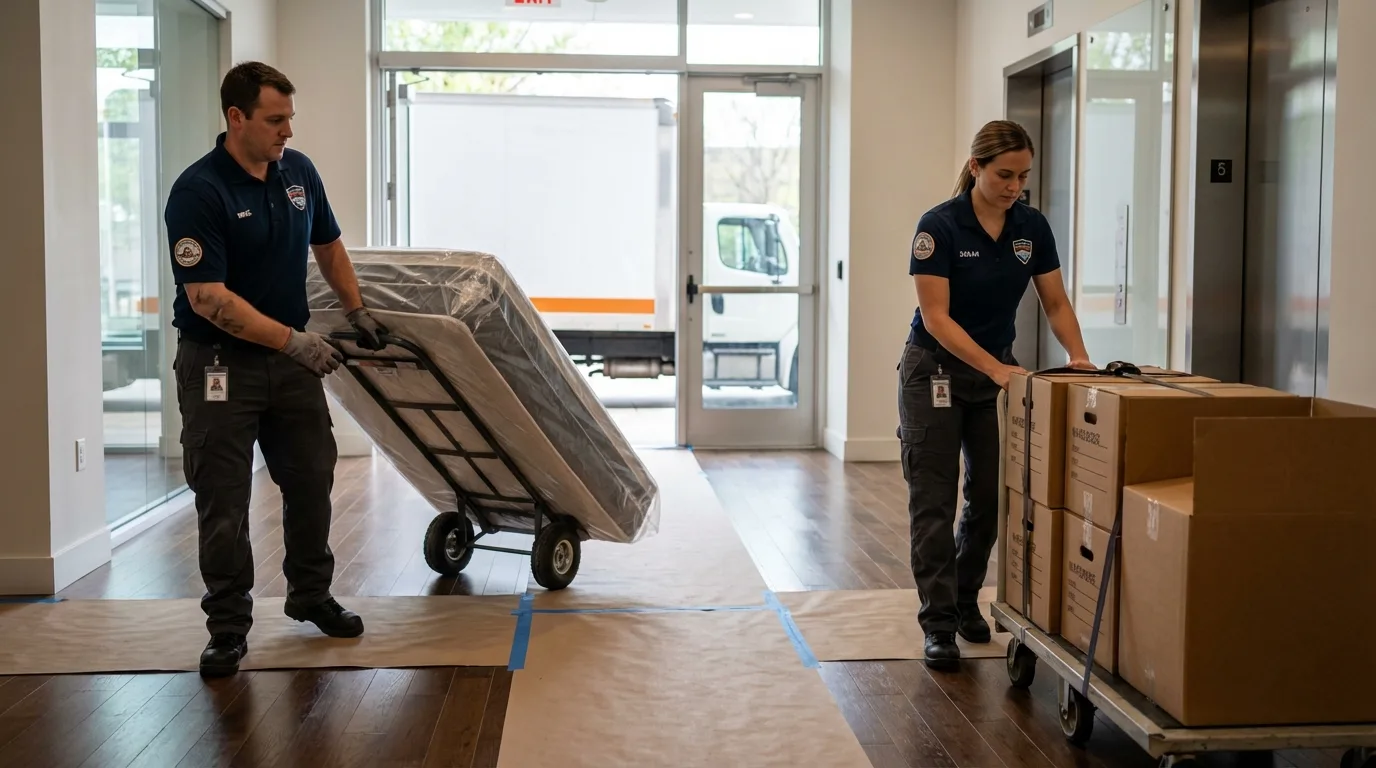 Professional apartment movers loading elevator in Pawnee, OK
